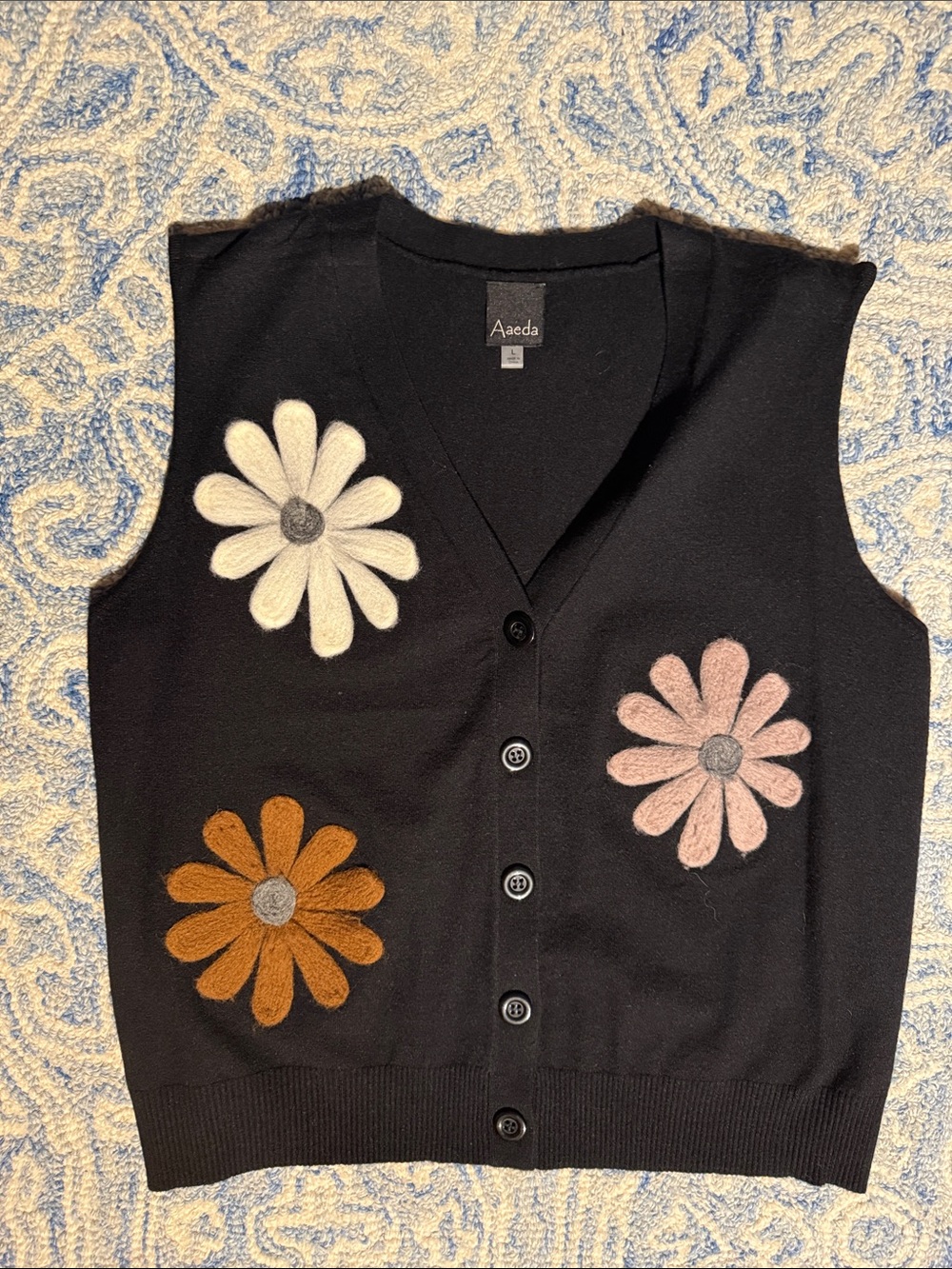 Black Floral Appliqué Knit Vest